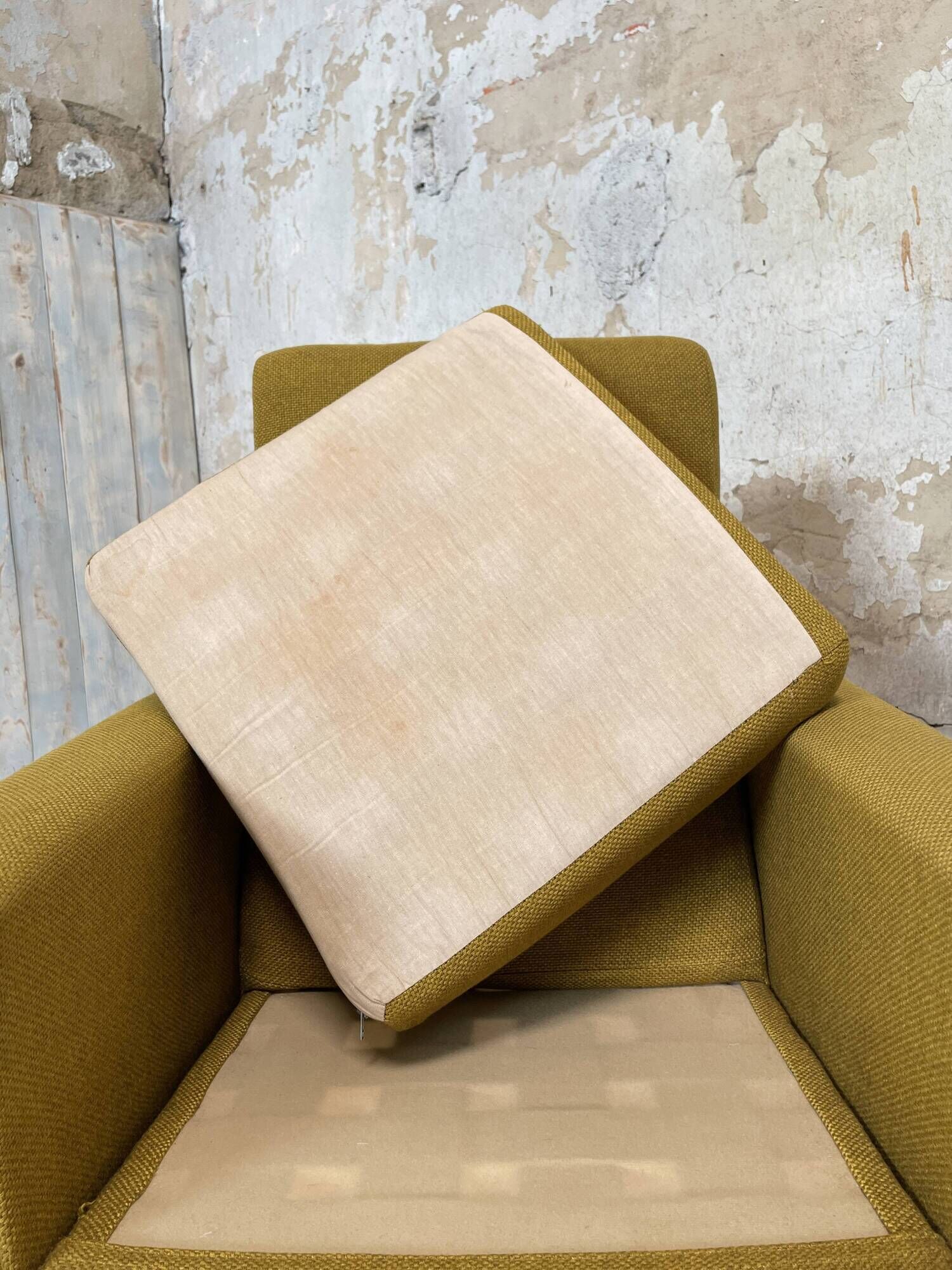 Vintage armchair in fabric and metal compass legs, circa 1950.