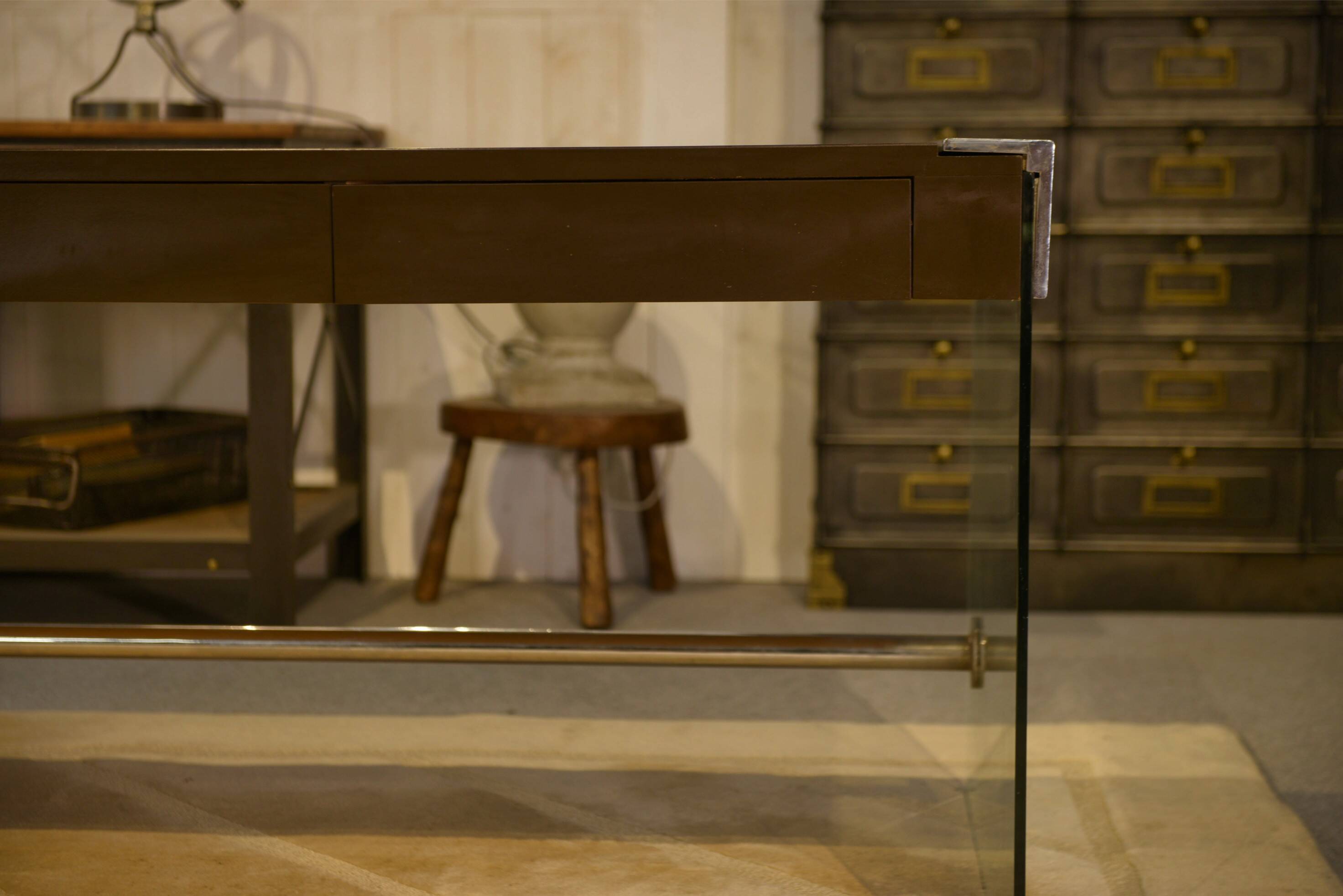 Desk design in melamine, glass and chrome 1980s