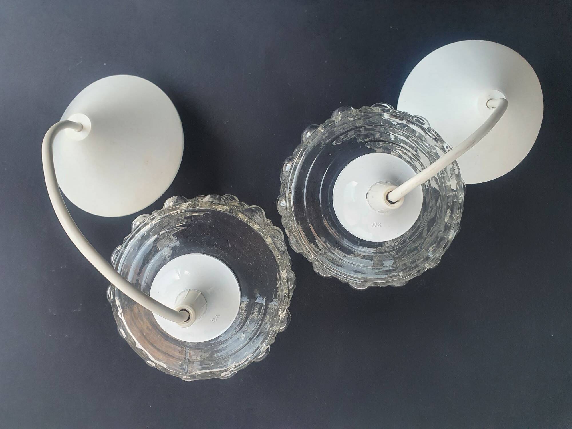 Pair of vintage 1970s glass pendant lights