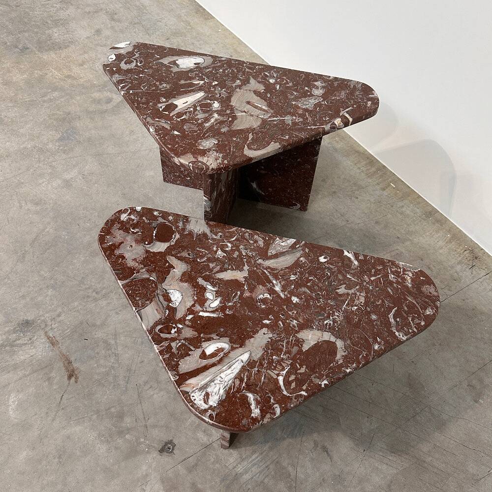 Set of 2 Belgian Rouge Griotte marble coffee tables, vintage postmodern nesting