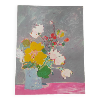 Le bouquet rose - lithographie originale signée à la main - Gorriti