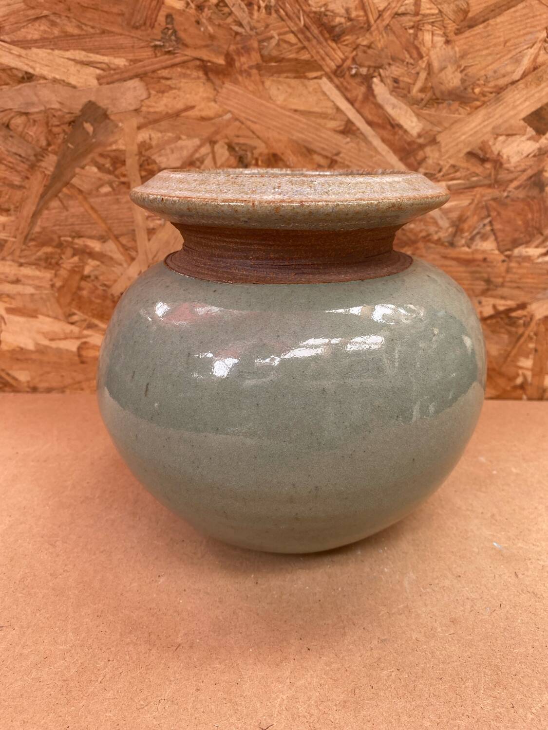 Antique vintage grey beige glazed stoneware ball vase