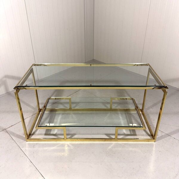 Console à deux niveaux en laiton et verre biseauté, années 1970