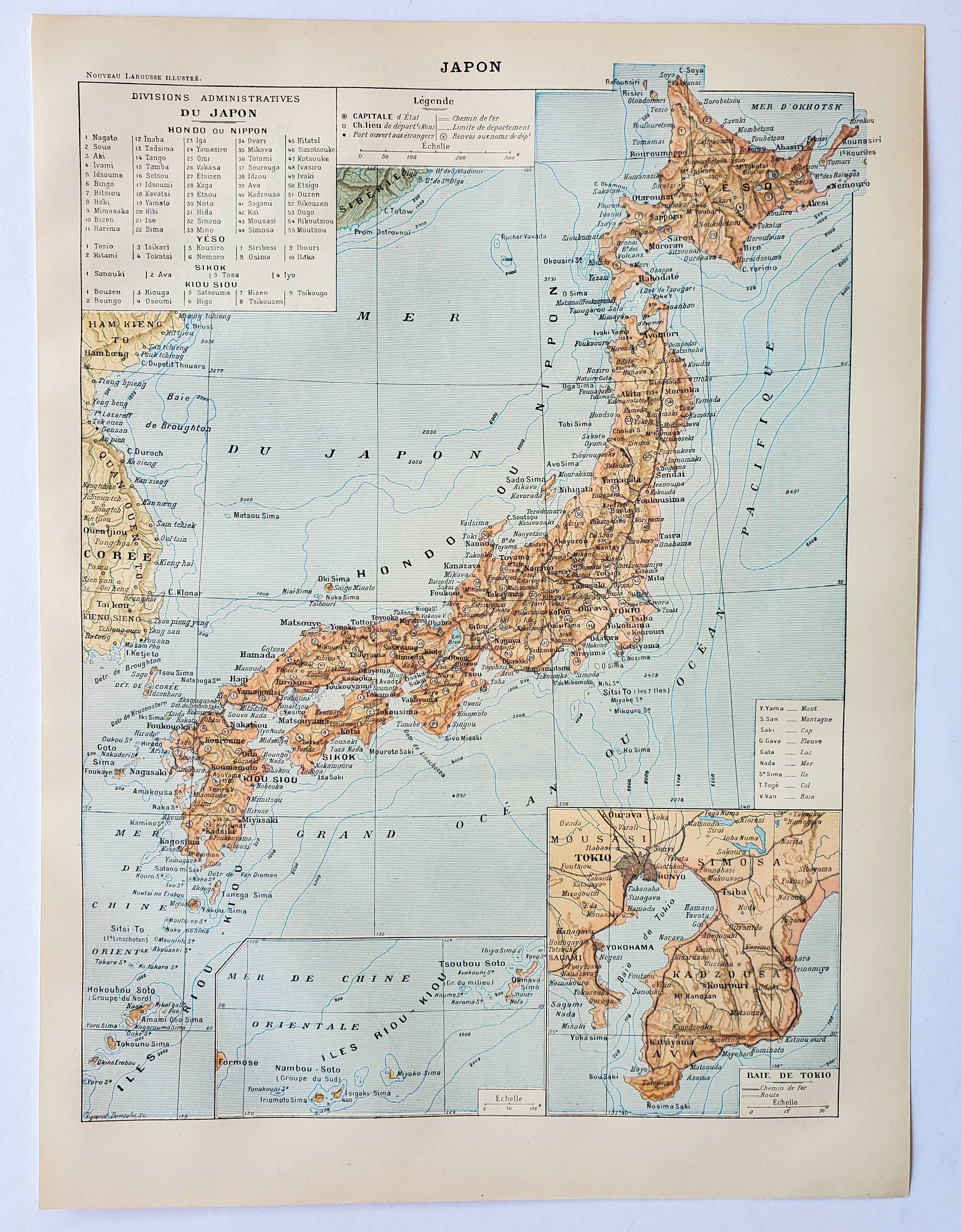 Antique engraving 1898, Japan, map, Asia, Tokyo • Lithograph, original illustration