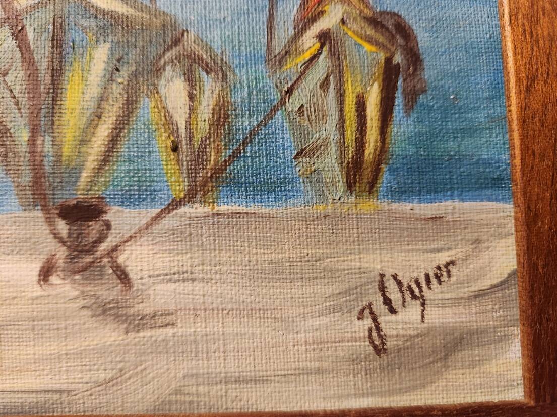 Vintage 1960s oil on canvas painting of a fishing port, framed and signed.
