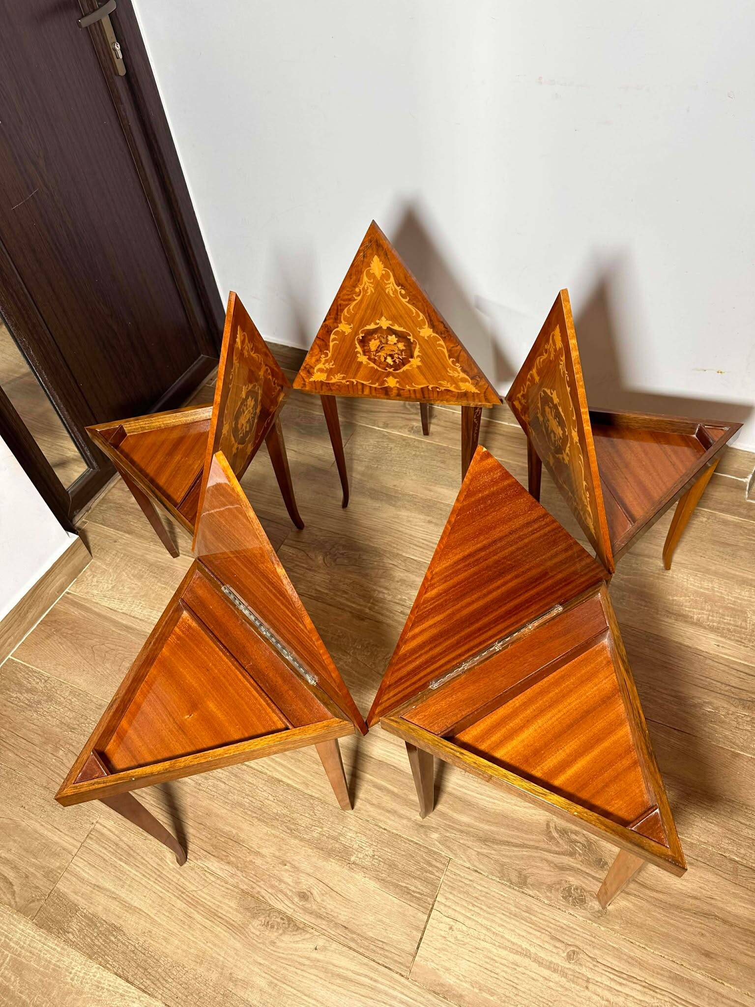 Italian Marquetry Five Piece Triangle Table