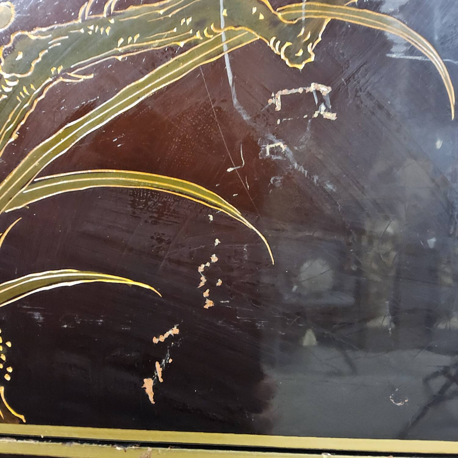 Vintage red / gold Chinese lacquer cabinet with flowers and birds