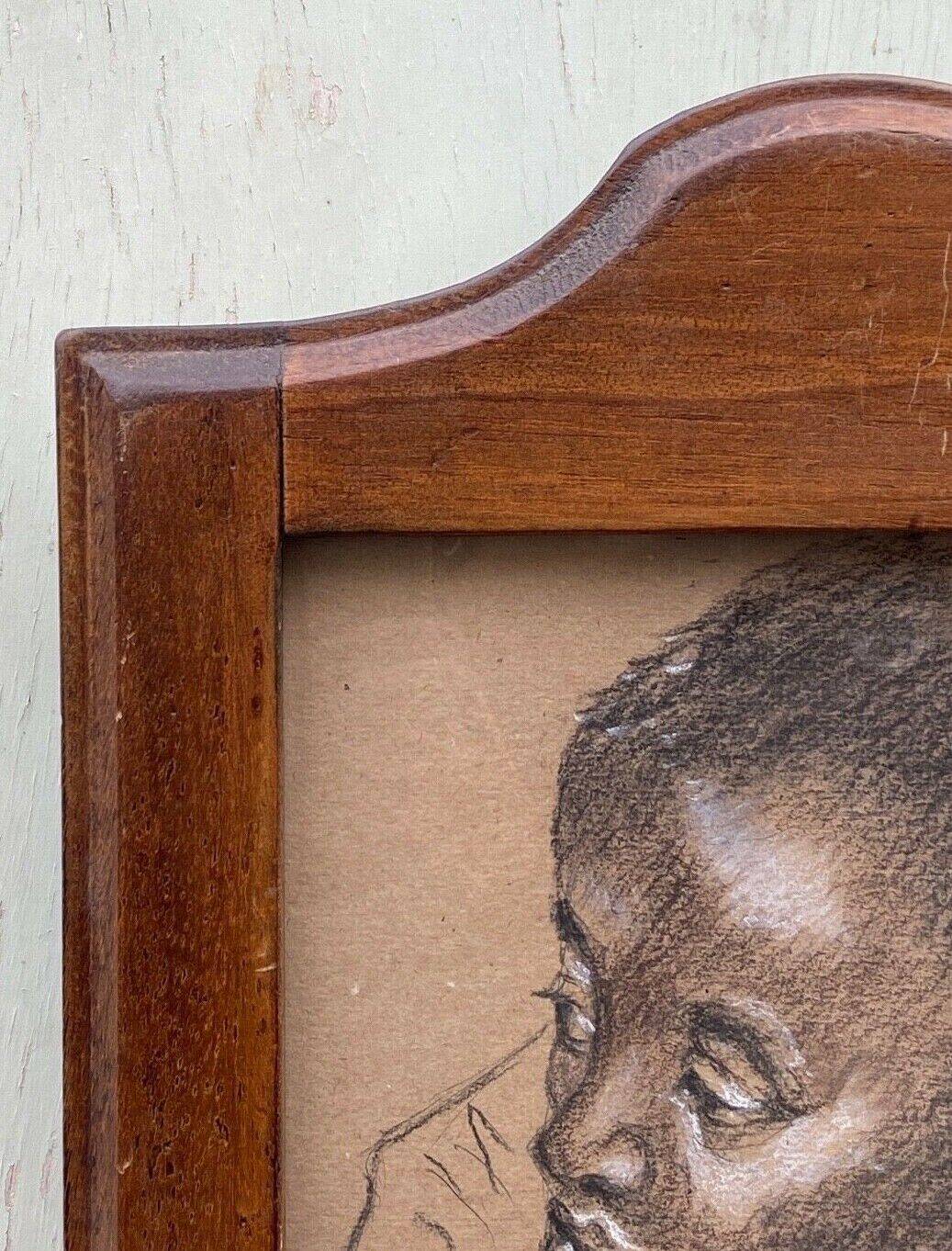 Old painting portrait of black boy in charcoal wooden frame signed RD 96