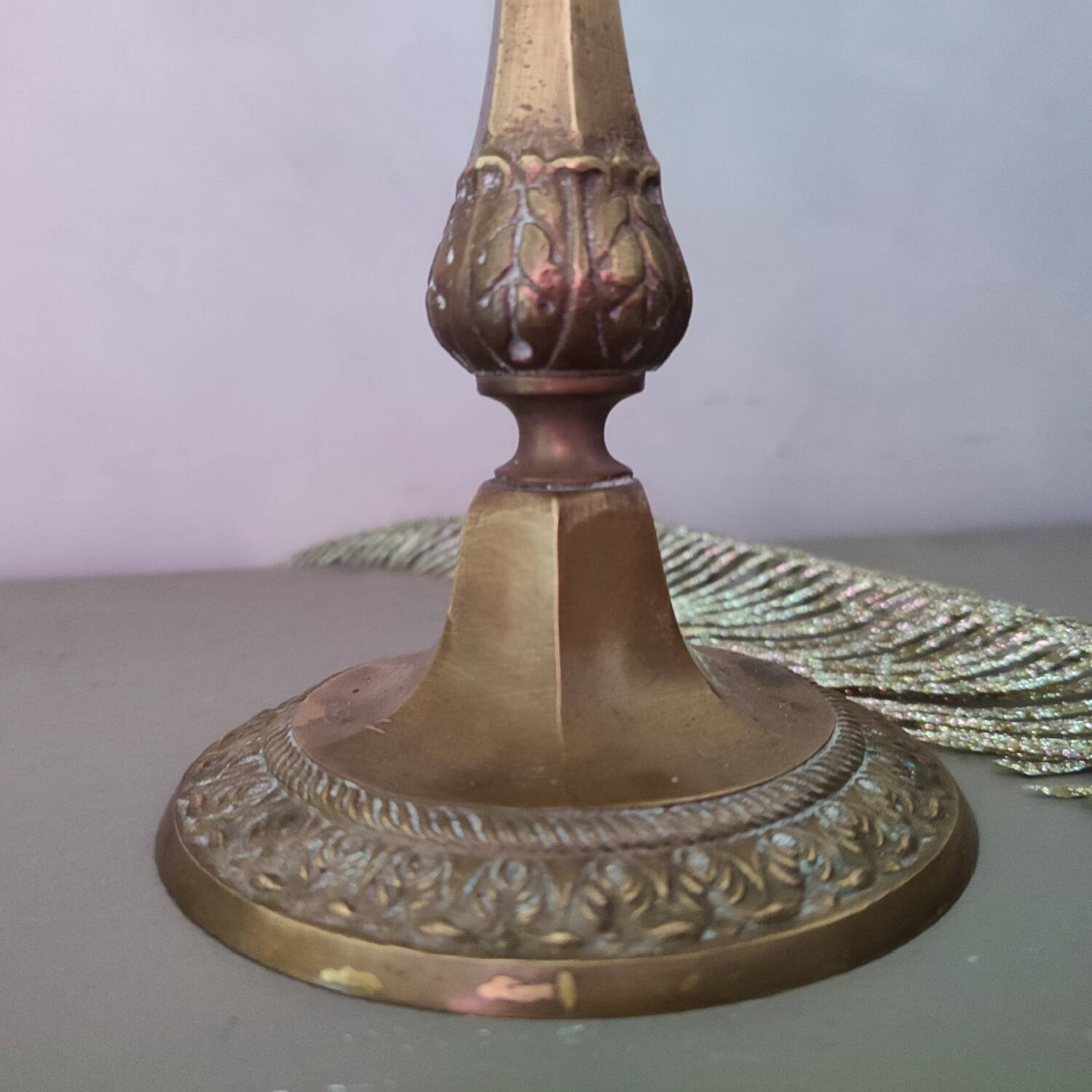 Antique 4-branch candlestick or candelabra in engraved spelter