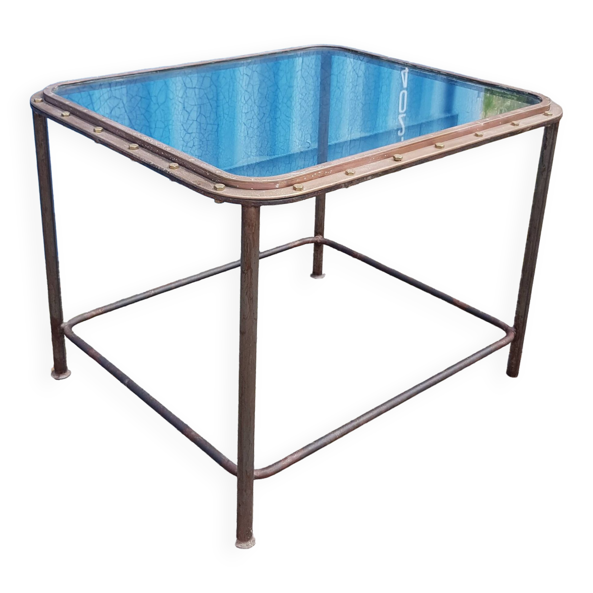Table with an old ship porthole in brass and a metal base / 100 x 85 x 76 cm