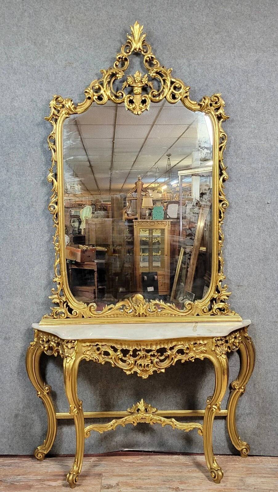 Large Venetian console + Louis XV baroque style mirror in gilded wood