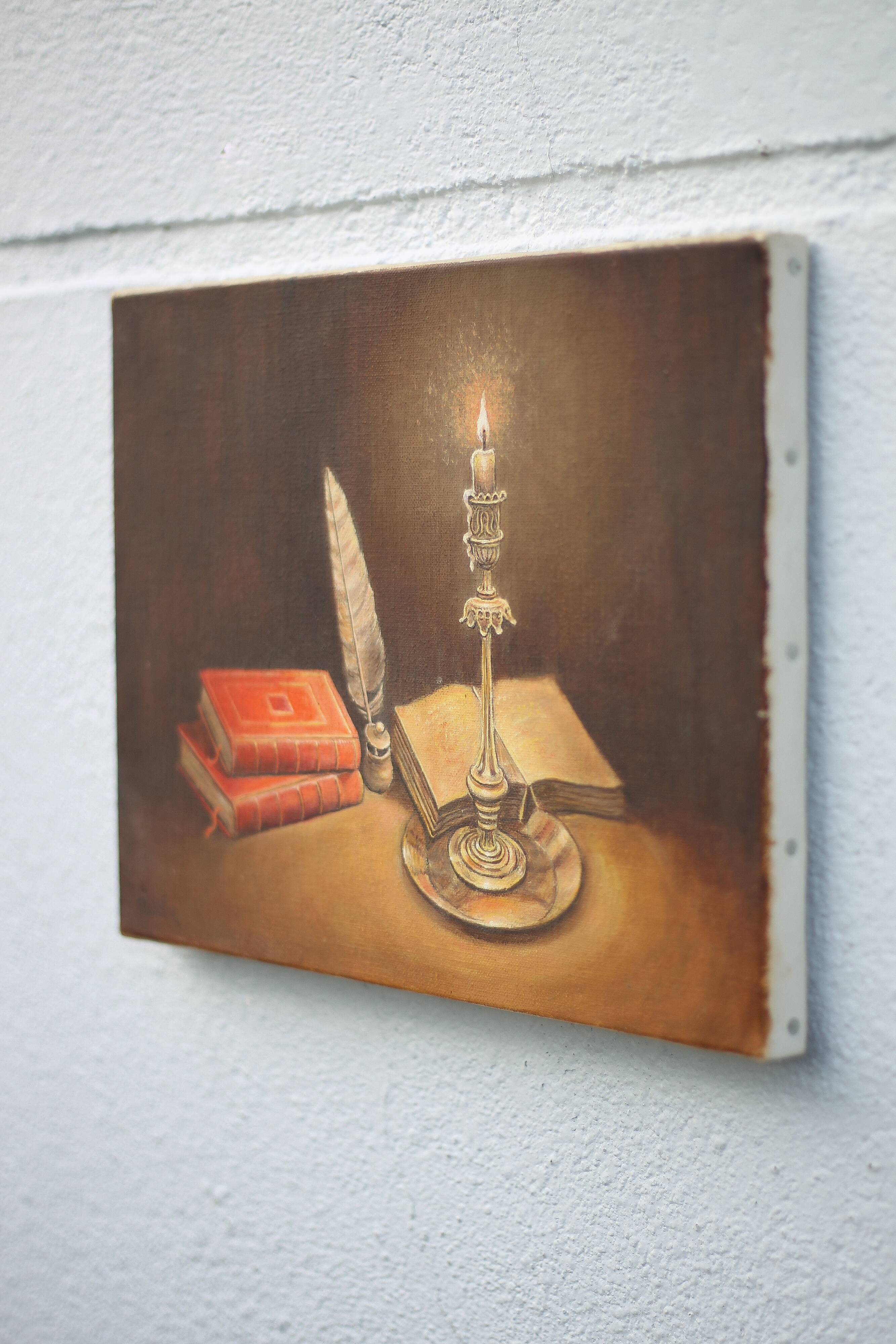 Signed still life painting, oil painting, books with candle