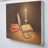 Signed still life painting, oil painting, books with candle
