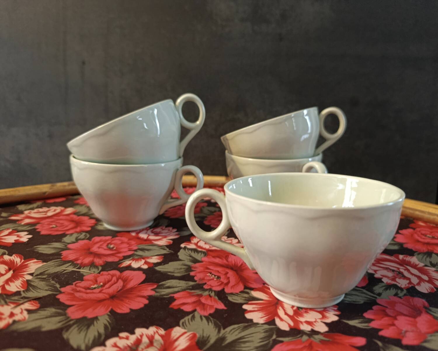 5 pale green cups | almond petals | Grindley England 1950