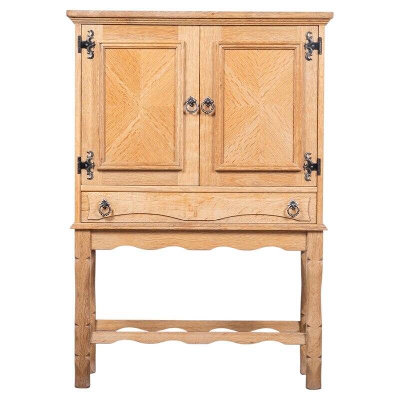 Small Brutalist Oak Cabinet with Brass Handles, Denmark, 1960s