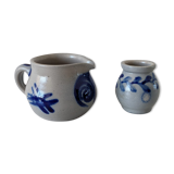 Pot à lait et petit pot en grés d'Alsace gris et bleu