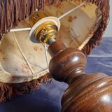bedside lamp turned wood, lampshade dome ecru flowers and brown, rustic & romantic, 50s