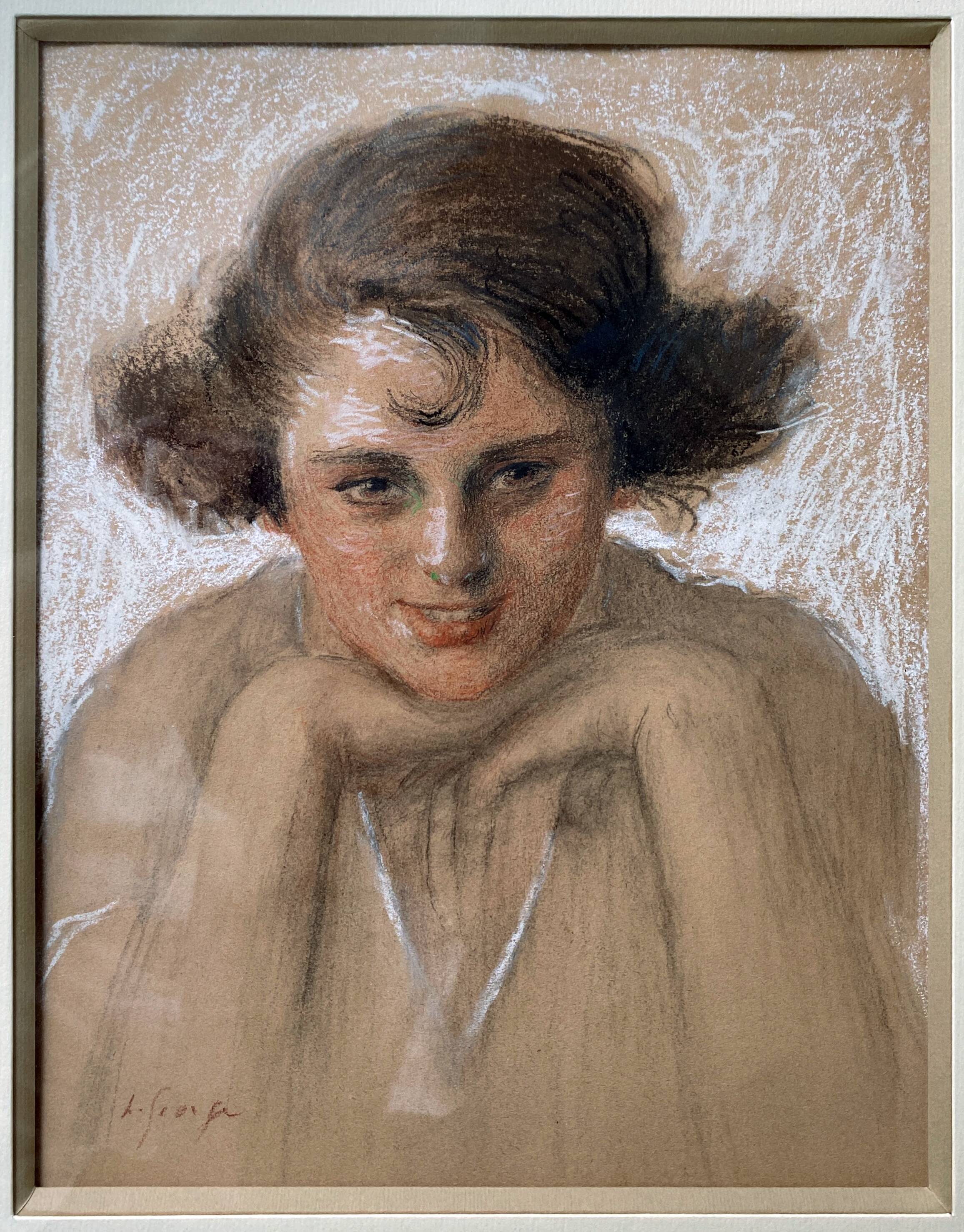 Painting drawing and flange "Young smiling woman" 30's signed L. George