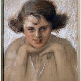 Painting drawing and flange "Young smiling woman" 30's signed L. George