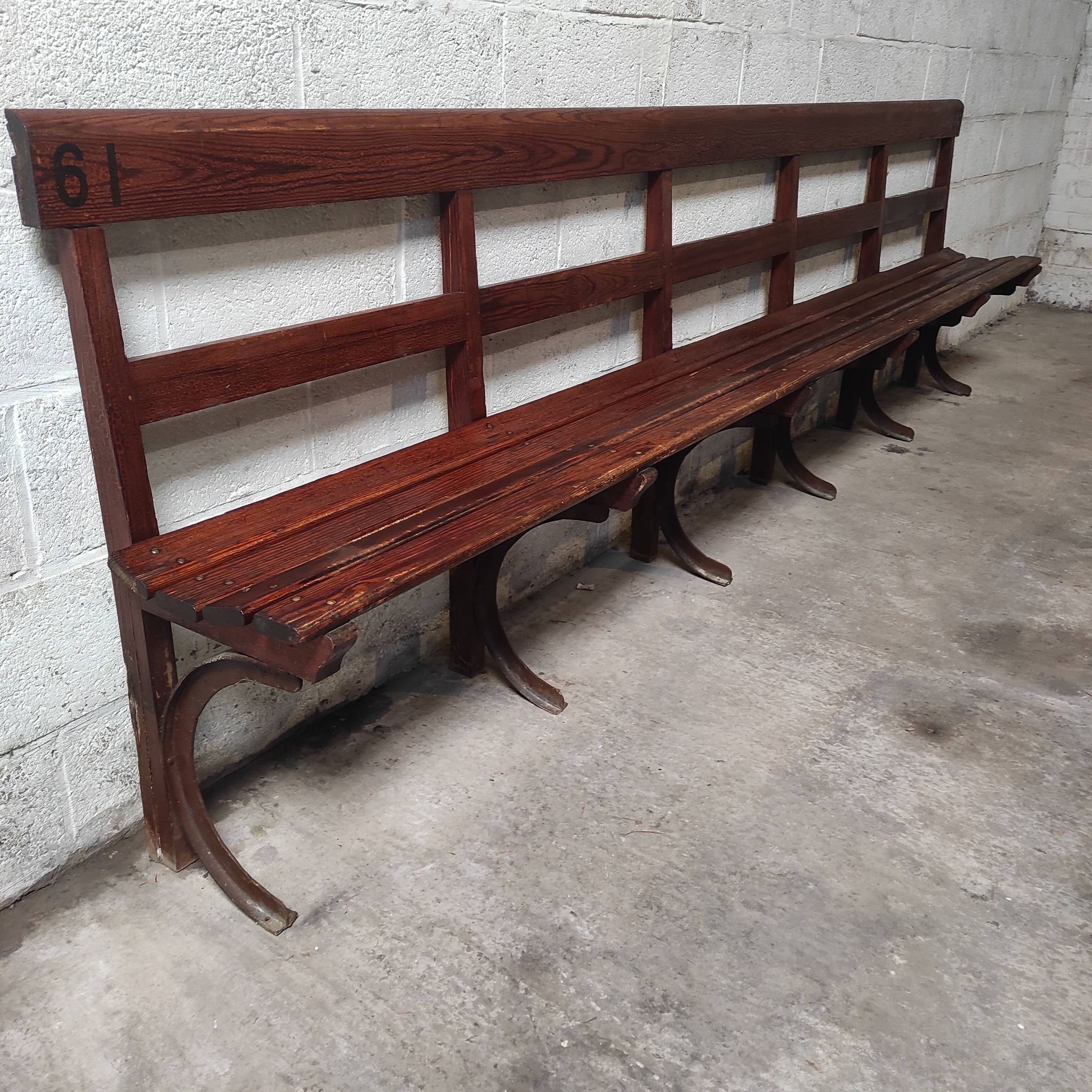 Long Wooden Church Pew | Antique Bench with Cast Iron Details | Seating