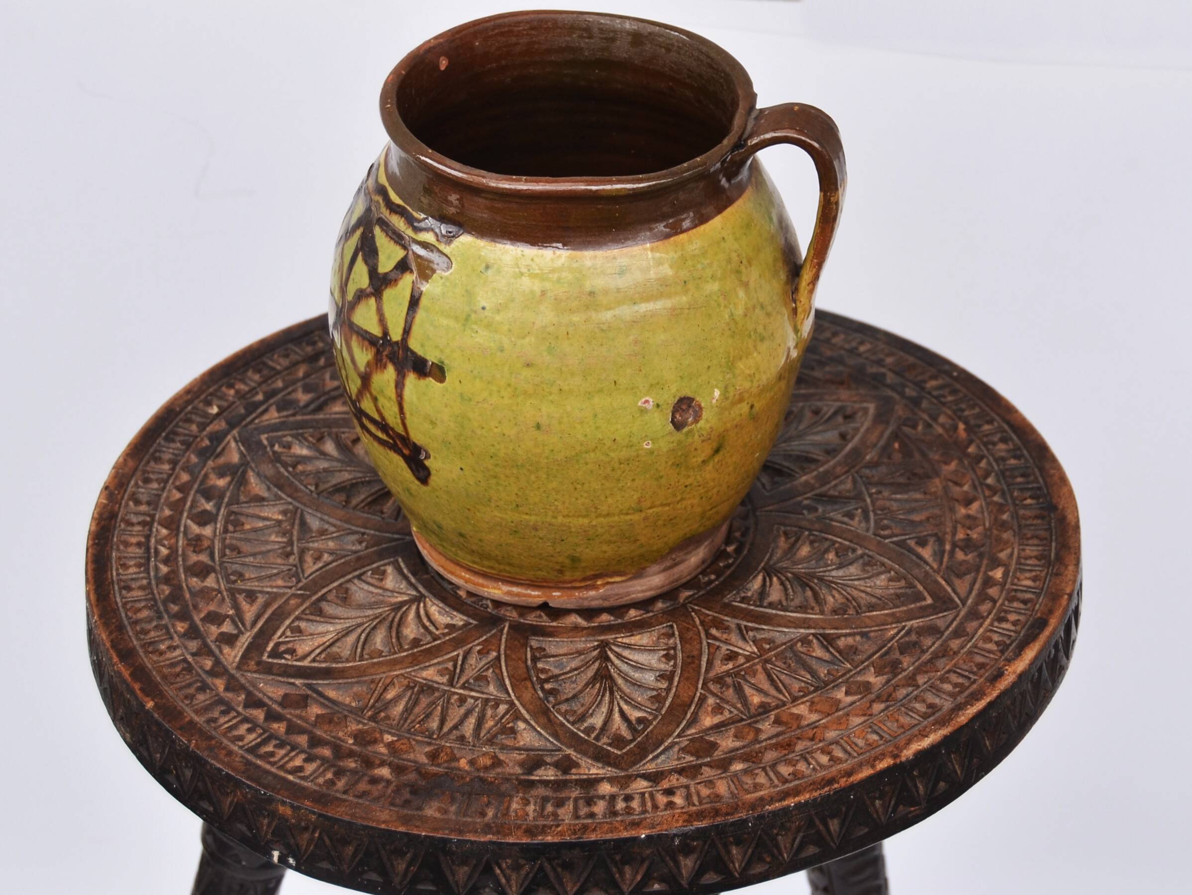 Early 20 th Century Glazed Rustic Terracotta Vase Romanian Traditional Oltenia