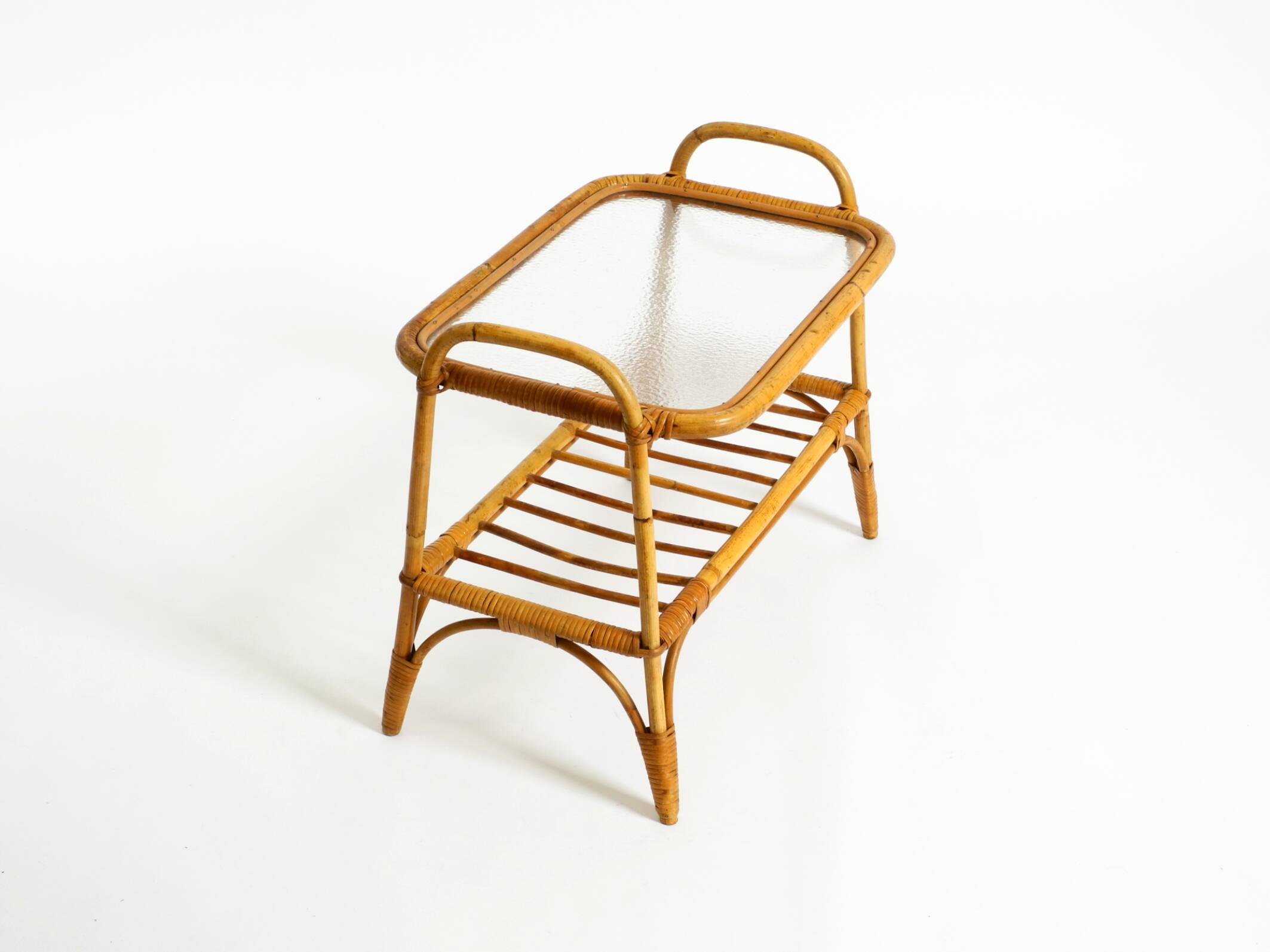 Lovely small Italian 60s bamboo side or coffee table with a iced glass top