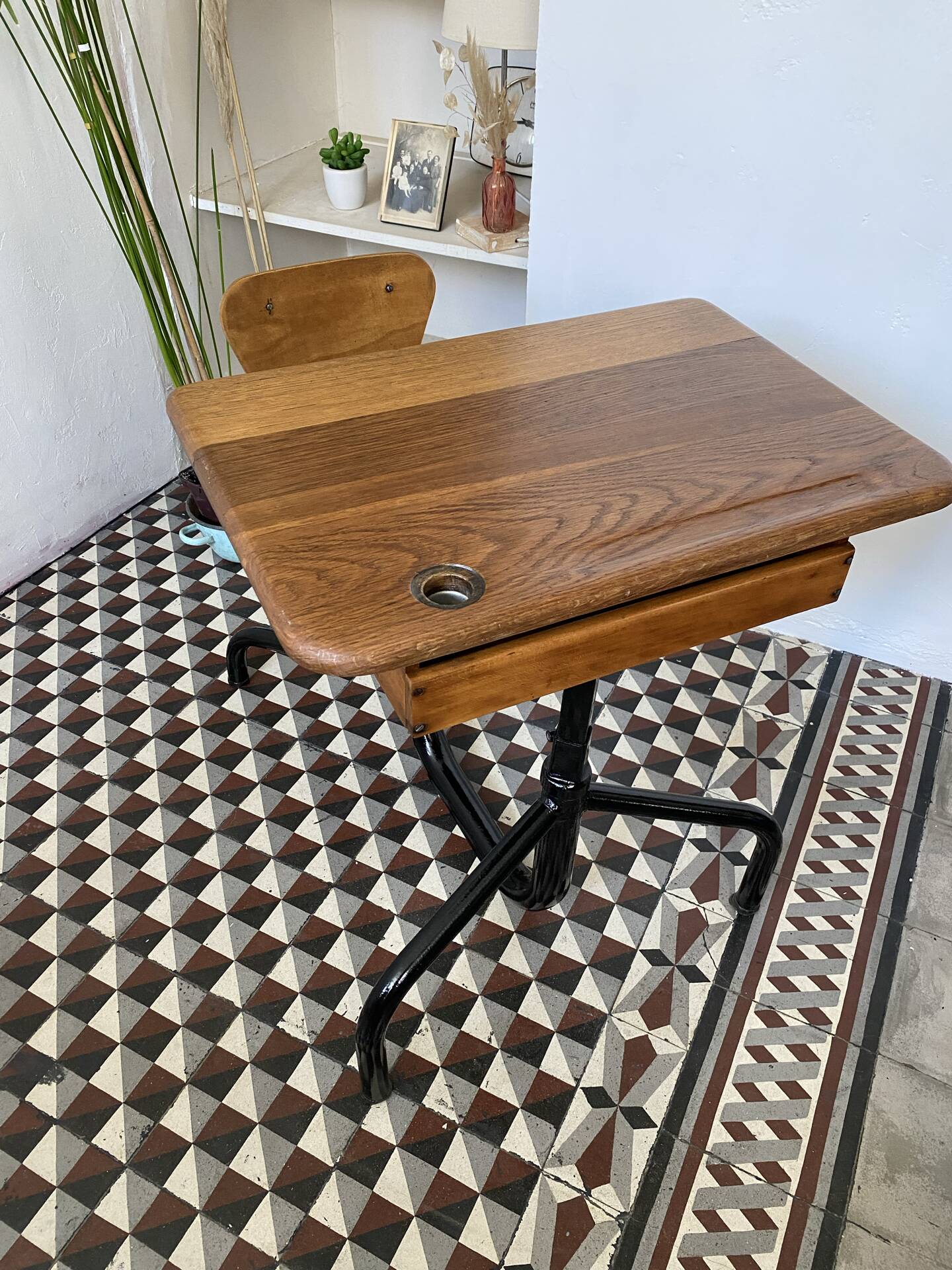 Old school desk with integrated chair – oak and metal – year