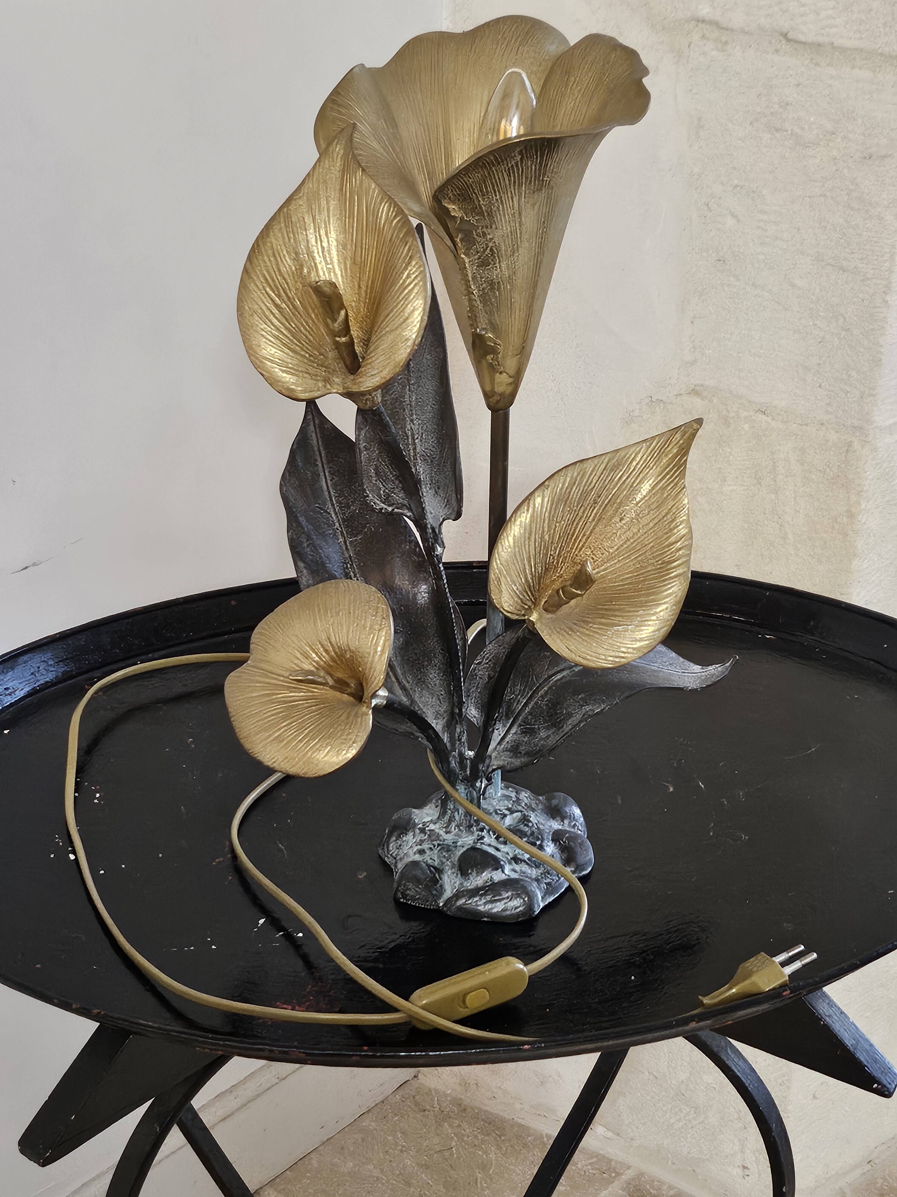 Metal sculpture lamp with golden calla lilies – 1970s
