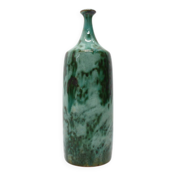 Green glazed stoneware bottle vase with copper highlights 1960-1970