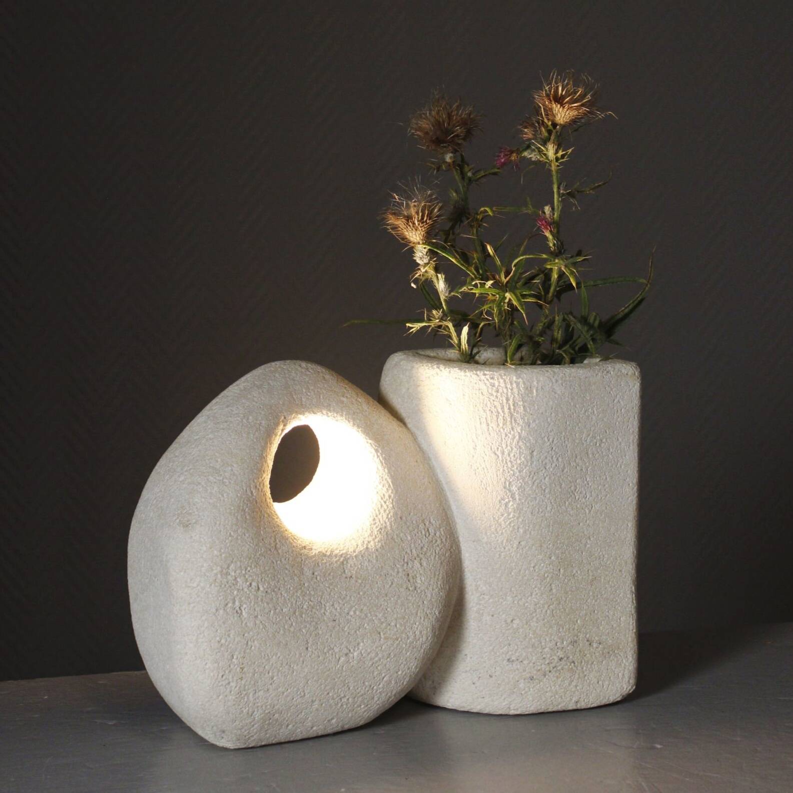 Sculptural vase lamp from Pierre du Gard, carved, 1970s design by Albert Tormos.