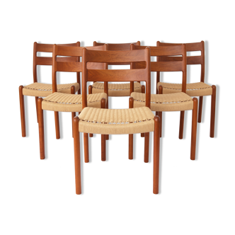 6 EMC Mobler Mid-century teak dining chairs with papercord seats, Set of 6, Denmark, 1960s-1970s