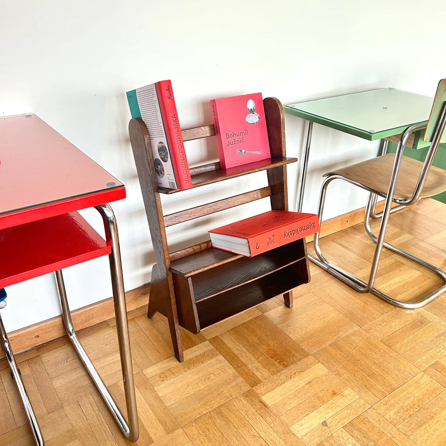 Handheld/carry-on bookcase, design A. Bocek for Krasna Jizba, Czechoslovakia, 1949