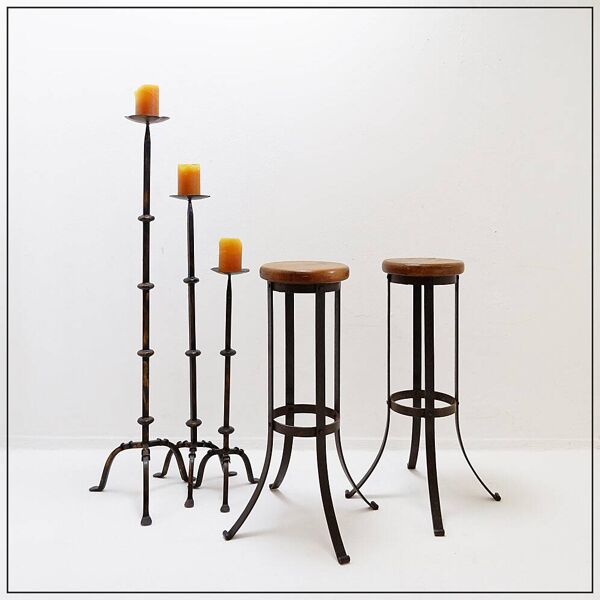 Paire de tabourets de bar brutalistes en chêne et fer forgé, années 1960