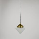 Up to 7 Art Deco brass pendant lights with conical glass shades, Vienna 1930s.
