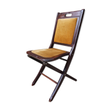 Folding chair, wood and vintage yellow ochre velvet