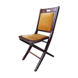 Folding chair, wood and vintage yellow ochre velvet