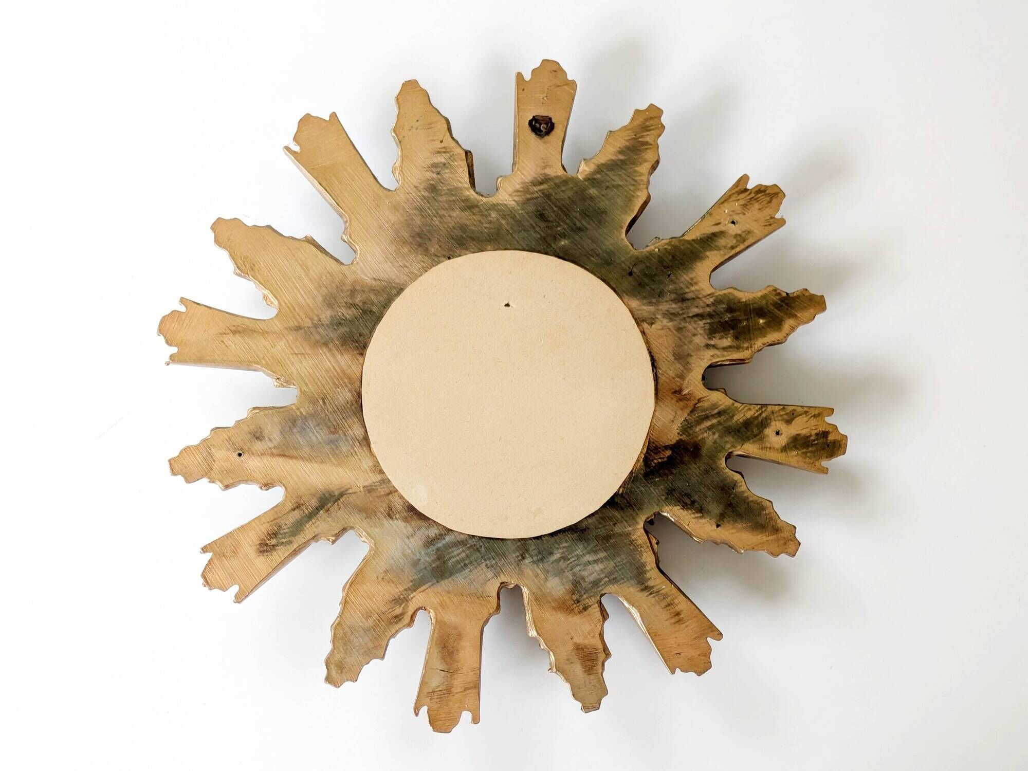 Vintage sunburst mirror in wood and gold resin, 1960s–70s