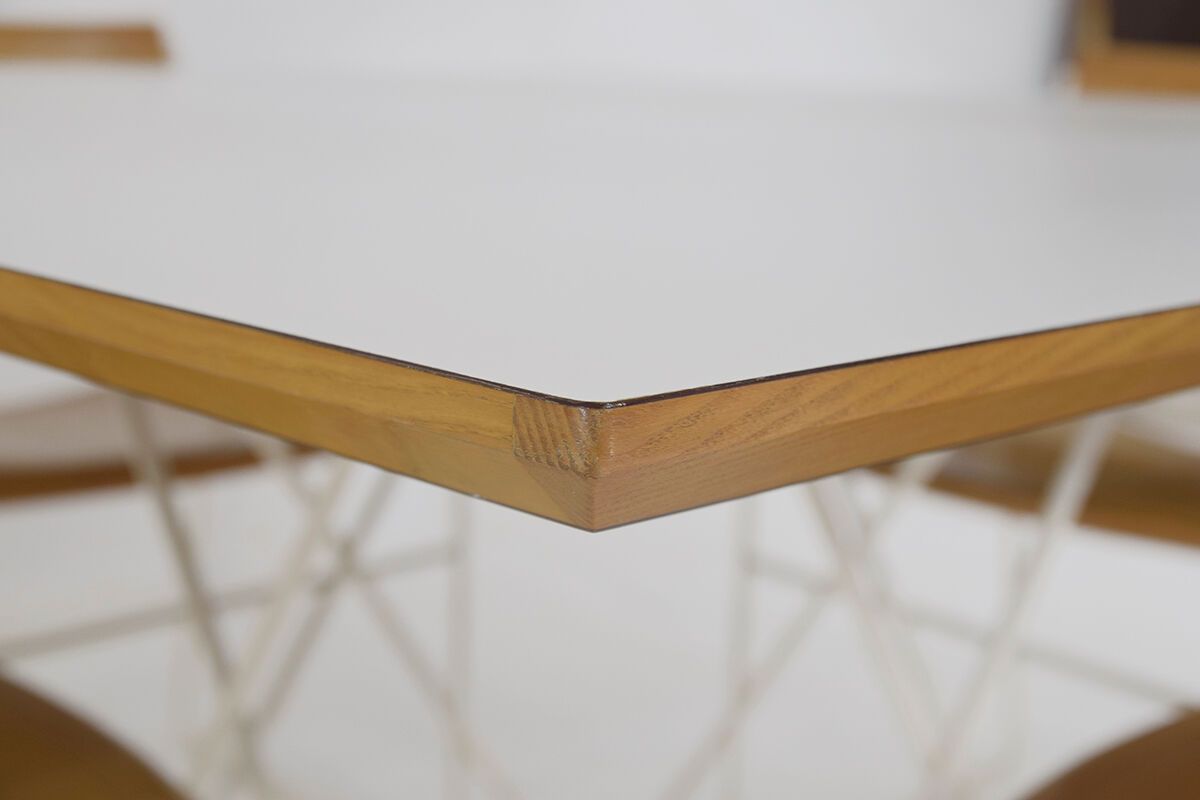 Minimalist Modernist dining set 4 wire chairs with maple wood and matching dining table,1980s