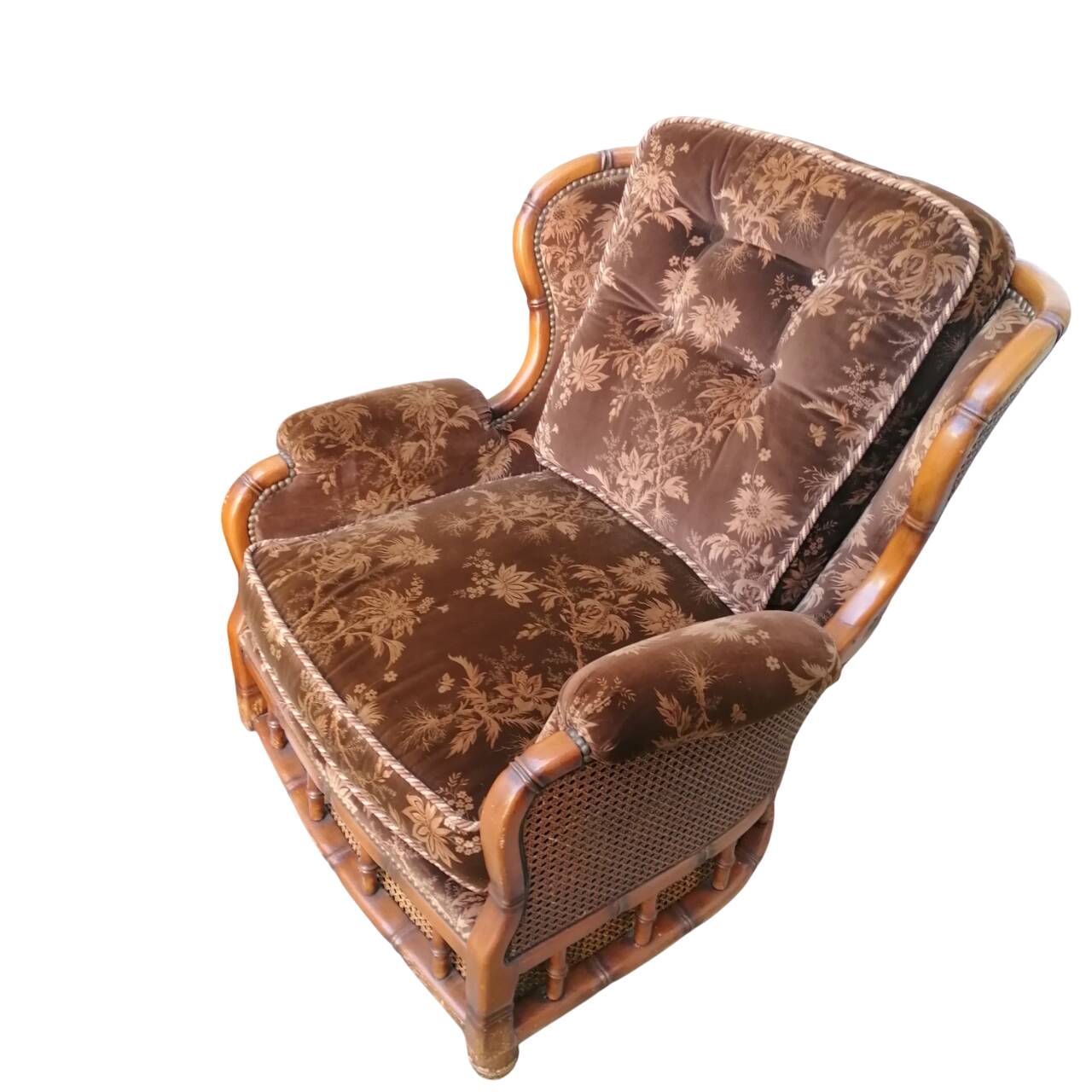 Poltrone bergère italiane in velluto e paglia di Vienna, anni '70, set di 2