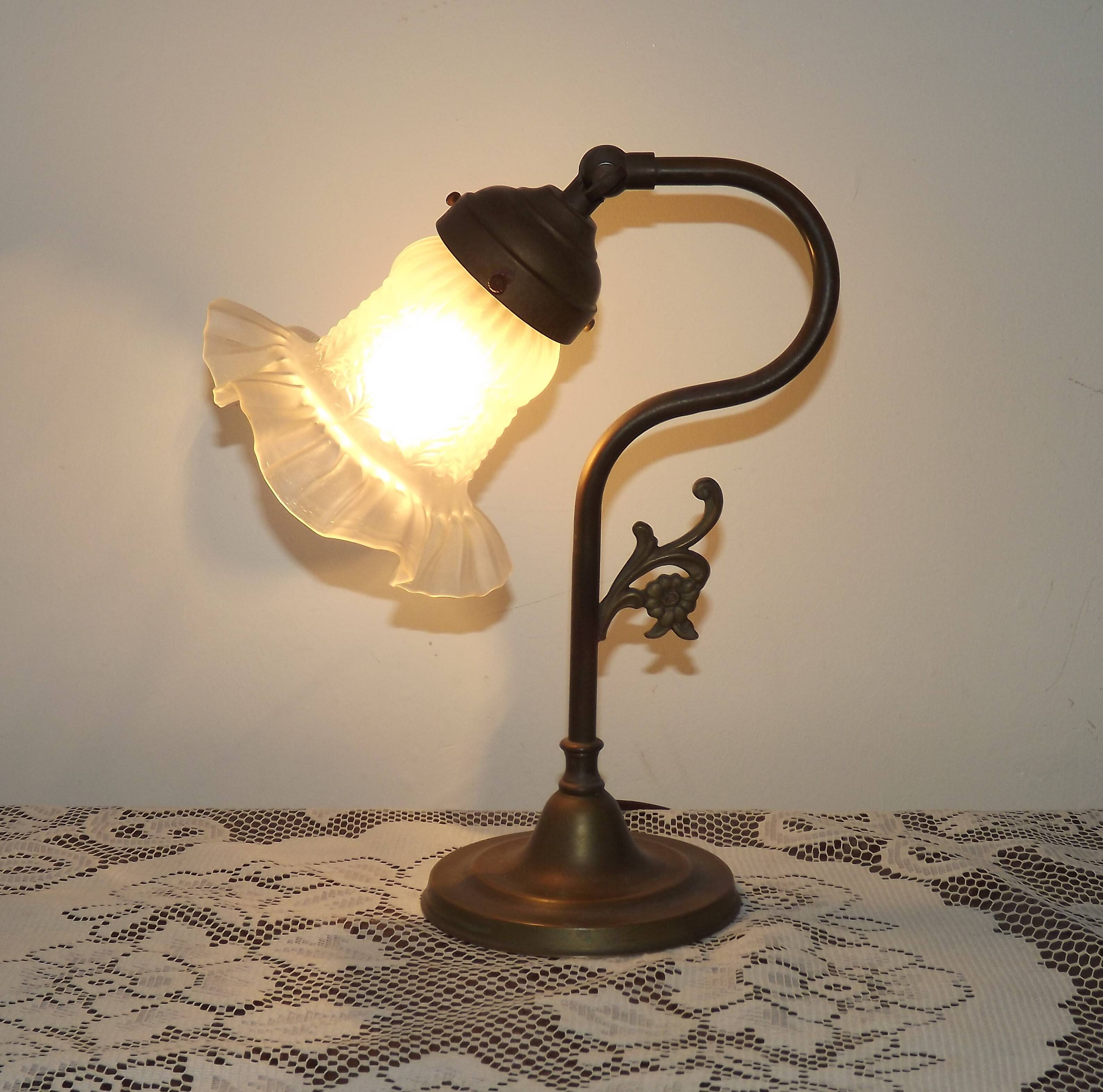 Vintage French Brass Anglepoise Table Lamp with Opaque Patterned Glass Shade 5087