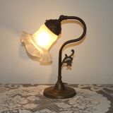 Vintage French Brass Anglepoise Table Lamp With Opaque Patterned Glass Shade 5087