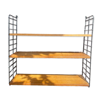 Vintage oak and black metal string shelf 1960