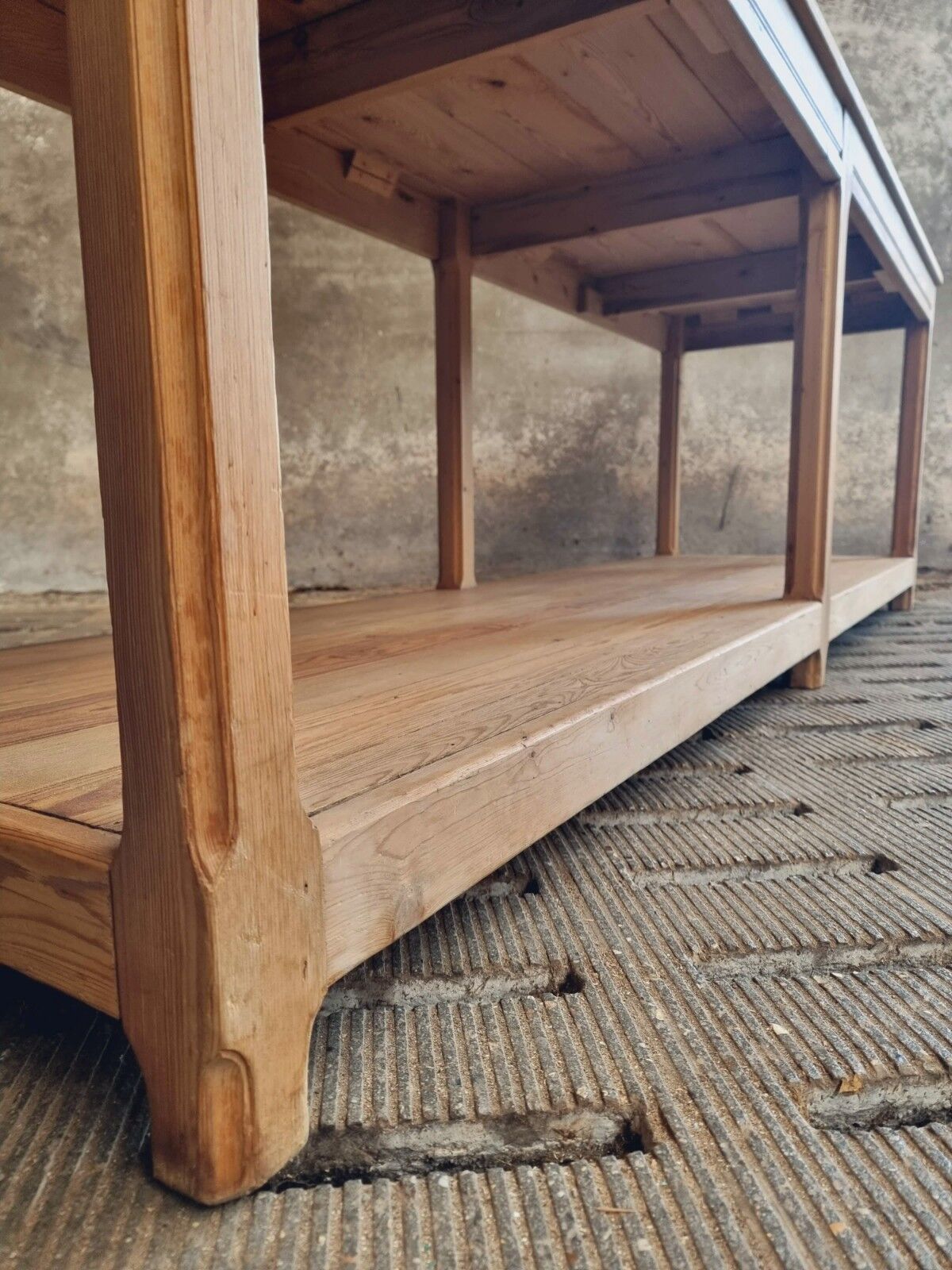 Old work table textile table pine cooking island or side table