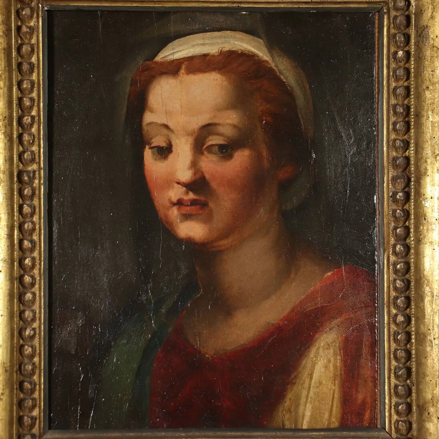 Ancient painting Female head attributed to A. Del Sarto, tempera on wood