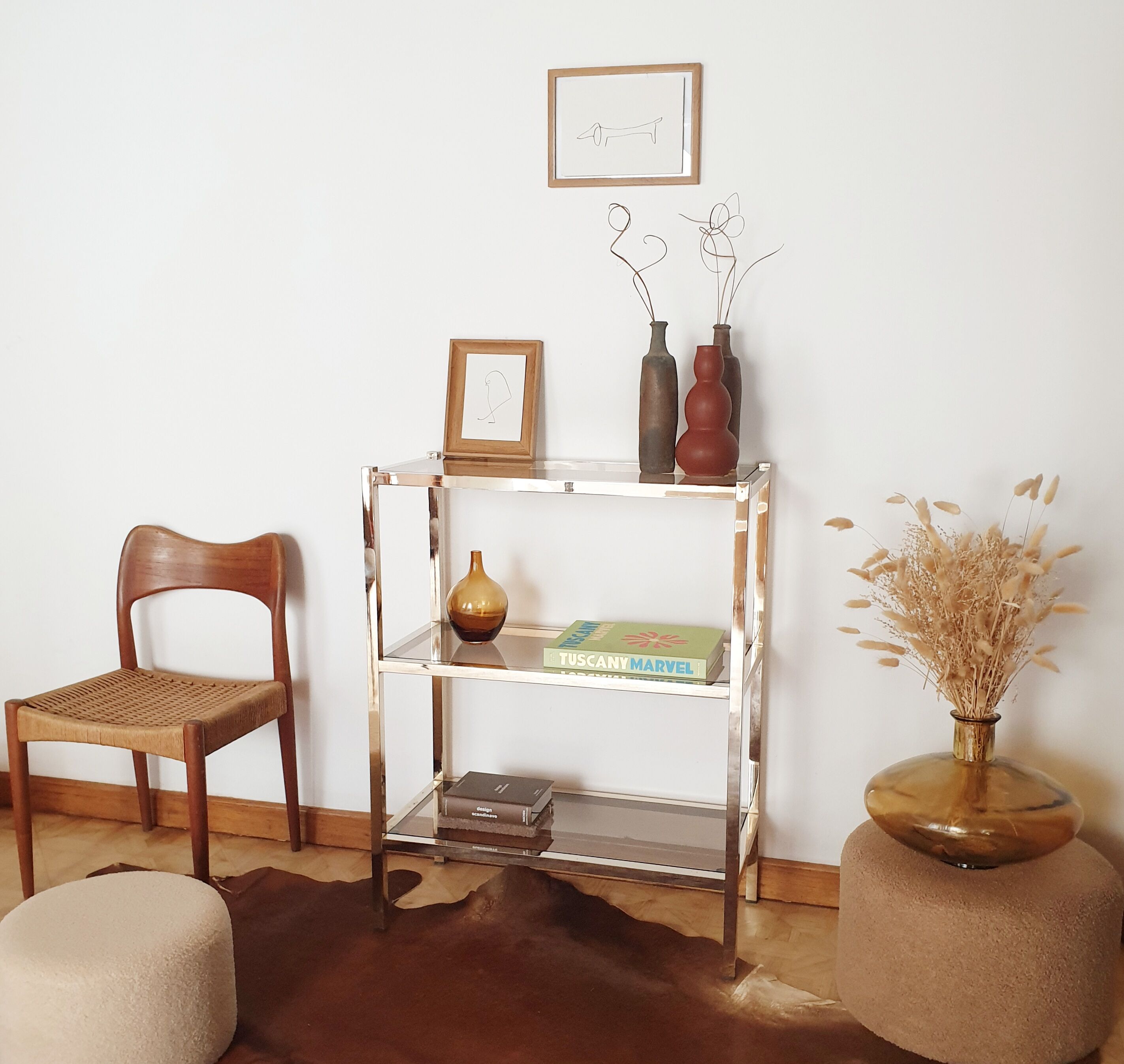 Bookcase furniture gilded and smoked glass vintage 70s Rochebobois