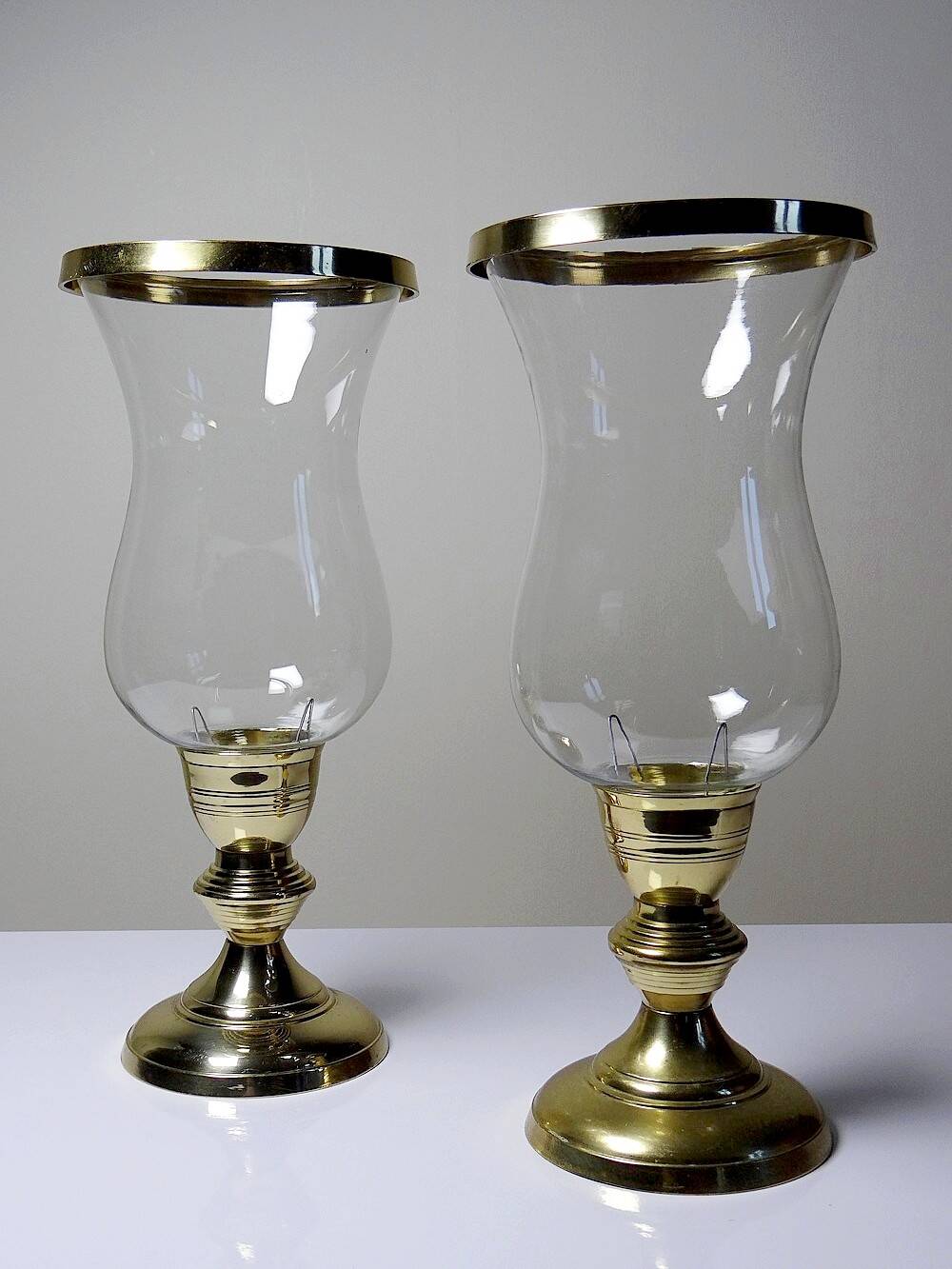 Pair of large vintage glass and gold metal tealight candle holders