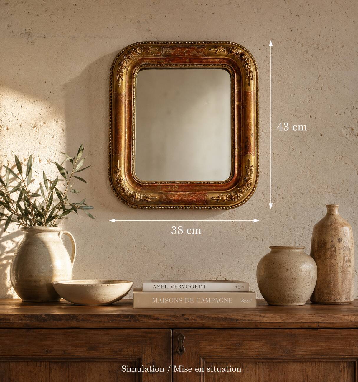Miroir Louis-Philippe en bois et stuc doré à décor floral, XIXe, 43x38 cm