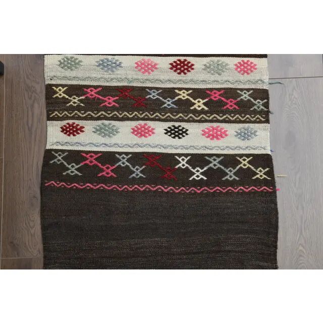 1970s Turkish Oushak Handmade Wool Cotton Brown Runner 65x243