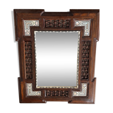 Oriental mirror in carved and turned wood inlaid with mother-of-pearl H 44/L 38 cm