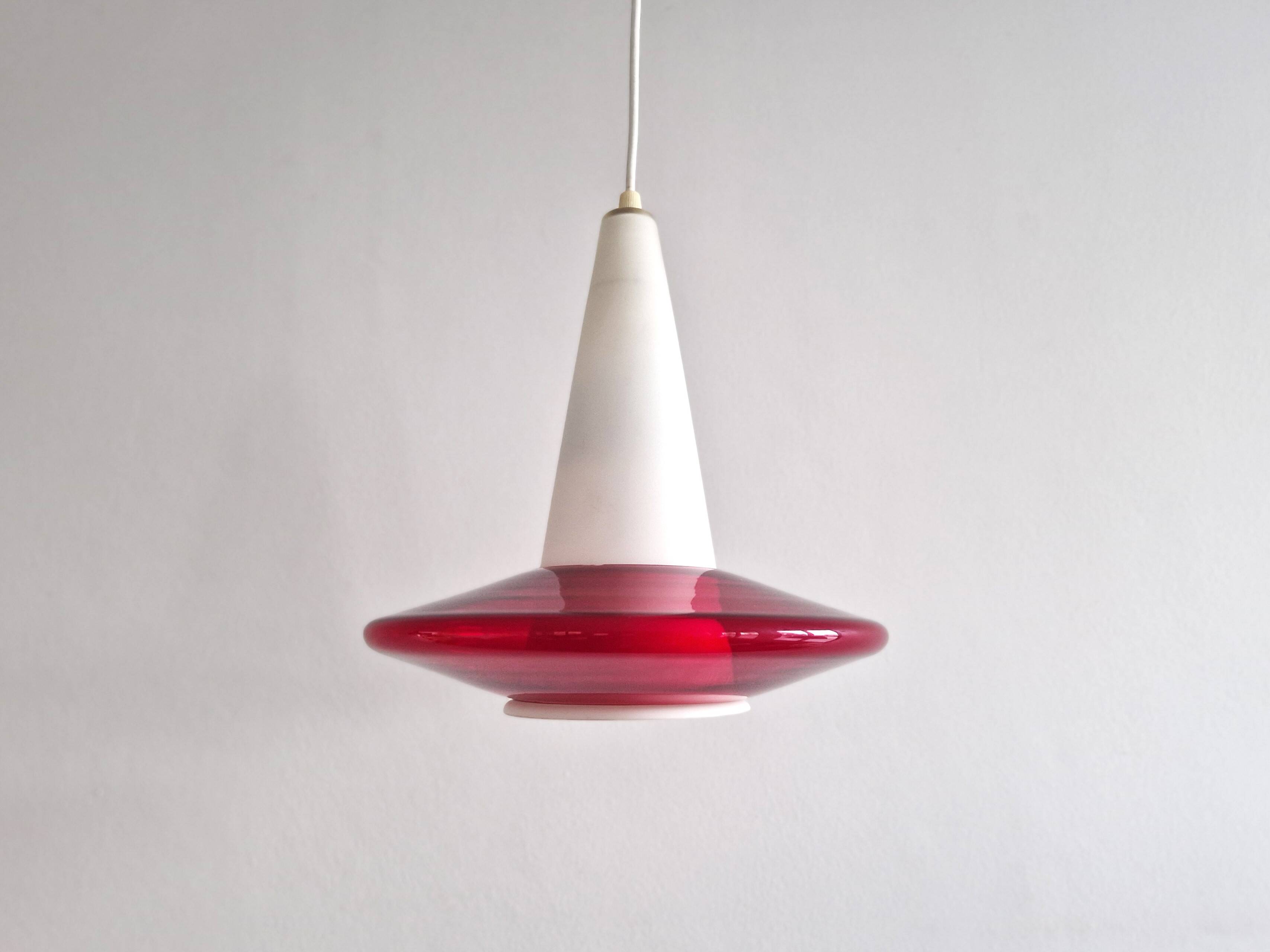 Red and opaline glass pendant lamp, 1960's
